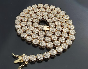 Flower Cluster CZ Tennis Necklace/Bracelet: 14k Gold/White Gold Finsh,Round Diamond Cut