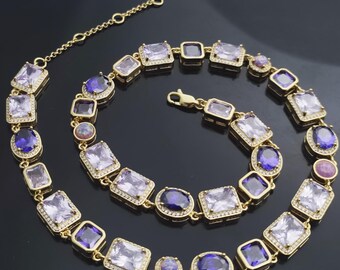 Multi-Shapes Purple CZ Necklace/Bracelet:18K White Gold Finish, Mens Womens Bling Iced Choker