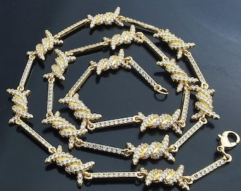 Mens Womens Bling Barbed Wire Choker:14K White Gold/Gold Finish,CZ Stones Necklace