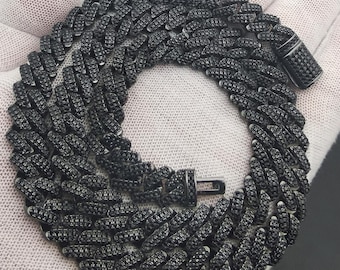Black CZ Tennis Necklace/Bracelet:Iced Out Cuban Link Chain,14K Black Gold Plated