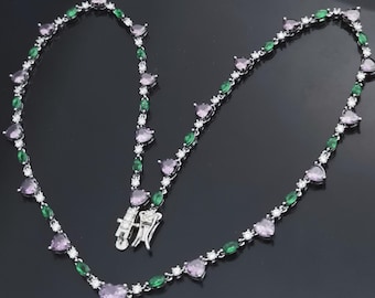 Purple Gemstone Heart Tennis Necklace/Bling Baguette Green Emerald/14K White Gold Plated/Mens Womens Diamond Cut CZ Fancy Choker/Gift Box