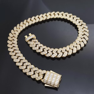 17 mm Bling Miami Naszyjnik Bransoletka/Baguette Diament Cięty Kubańskie ogniwo Choker/18K Złoto/Wykończenie z Białego Złota/Luksusowa Biżuteria z Kryształkami Cyrkoniowymi/Pudełko Prezentowe