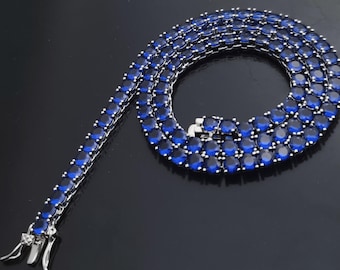 Blue Gemstone Tennis Necklace/Bracelet:14K White Gold Finish,Round Diamond Cut CZ Choker, Custom