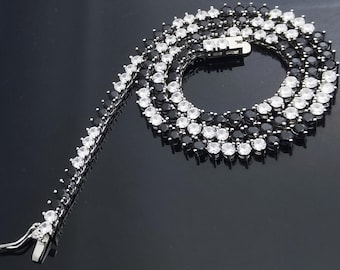 4mm Black White CZ Tennis Necklace:Round Diamond Cut Chain Choker,14K White Gold Finish,Custom