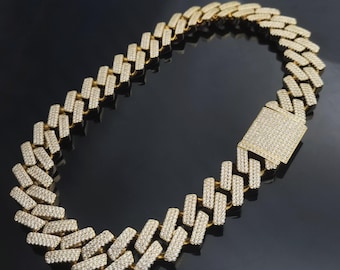 19mm S-link Miami Necklace Bracelet/Bling Baguette Diamond Cut Cuban Choker/14K Gold/White Gold Finish/Heavy Chunky Iced Out CZ Pave Jewelry