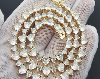 Heart CZ Tennis Necklace Bracelet: 14K Gold/White Gold Finish, Iced Bling