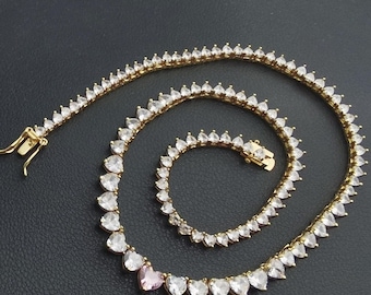 Pink Heart Diamond Cut CZ Tennis Choker:Gradual Size,14K Gold/White Gold Finish