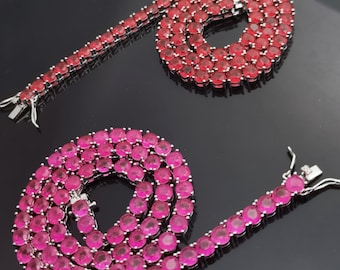Lab Grown Diamond Bling Tennis Choker/Bracelet:18K White Gold Plated,Ruby/Pink Gemstone Collar,Mens Womens Iced Statement Necklace,Custom
