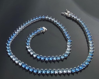 4mm Blue Clear Tennis Coller/Dainty Multicolor Necklace/14K White Gold Finish/Round Diamond Cut/Mans Womens Riviera Layering Bling CZ Choker