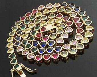 4mm Rainbow Heart Tennis Necklace Bracelet/Multi Color Gemstones Choker/14K Gold/White Gold Finsh/Eternity Riviera Bling CZ CollarJewelry