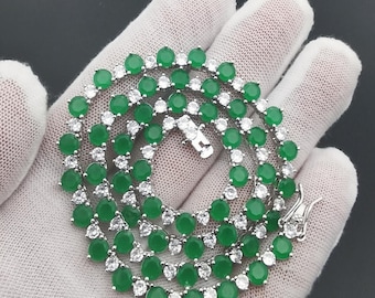 Emerald Tennis Choker/Green Round Cut Malaysian Jade/Heart CZ/14K White Gold Finish/Mens Womens Stacking Bling Gemstone Necklace/Gift Box
