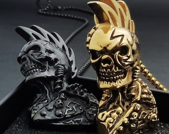 Black Gold Ghost Rider Pendant/Mens Gothic Punk Biker Rocker Flame Skull Necklace/Death Jewelry/Stainless Steel/Free Chain/Gift Box