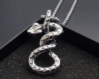 Engraved Viper Snake Necklace/3D Solid Twisted Serpent Pendant/Stainless Steel/Mens Womens Cool Zodiac Amulet Cobra Jewelry/Gift Box