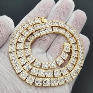 Kwadratowy diamentowy naszyjnik/7 mm łańcuszek tenisowy z kamieni szlachetnych/14-karatowe złoto/wykończenie z białego złota/męski damski naszyjnik z cyrkonii Bling Iced Baguette Luxury/pudełko na prezent