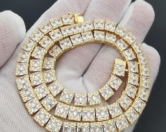 Iced Baguette CZ Tennis Chain: 14K Gold/White Gold Finish, Gift Box