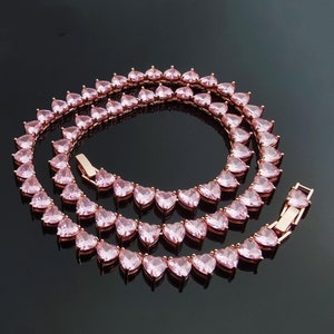 6mm Pink Heart Diamond Cut Tennis Coller Necklace/Multi Color Choker/14K White Gold Rose Gold Finish/Eternity Riviera Bling Jewelry/Gift Box