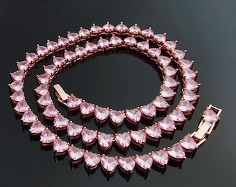 Shiny Pink Heart Diamond Cut Tennis Choker:14K White Gold/Rose Gold Finish,Bling Necklace