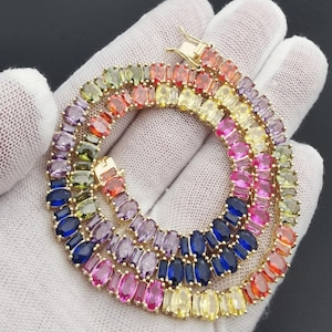 Mens Womens Rainbow CZ Tennis Choker: 14K Gold/White Gold Finish,Oval Diamond Cut,Riviera Necklace