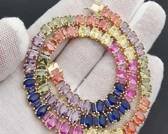 Mens Womens Rainbow CZ Tennis Choker: 14K Gold/White Gold Finish,Oval Diamond Cut,Riviera Necklace