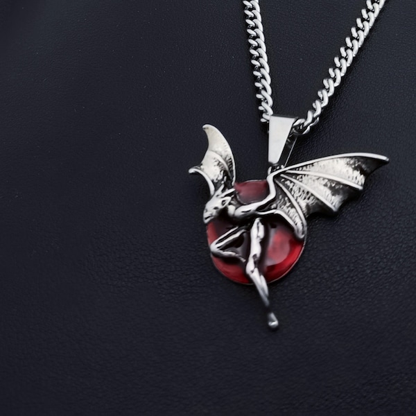 Bat Wing Pendant/Red Moon Vampire Necklace/316L Stainless Steel/Gothic Biker Tatoo Punk Goth Myth Jewelry/Protection/Free Chain and Gift Box