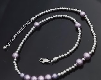 Mens Womens Purple & White Shell Bead Choker:Stainless Steel, Waterproof