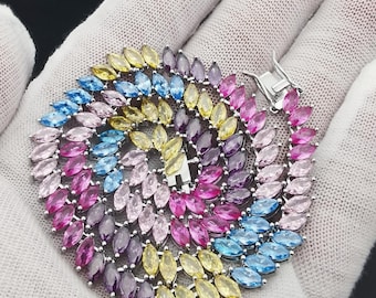 Rainbow CZ Tennis Necklace: 14K Gold/White Gold Finish, Gift Box