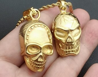 14K Gold Skull Mask Pendant Necklace: Biker Punk Jewelry