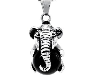 Mens Womens Hematite Elephant Pendant Necklace:Stainless Steel Reiki Healing Jewelry