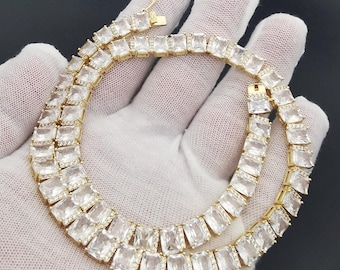 Baguette CZ Tennis Chain Choker: 14K Gold/White Gold Finish, Gift Box