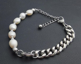 Half Pearl Half Curb Link Chain Beaded Bracelet: Real Nature Freshwater Pearls,Unisex Jewelry