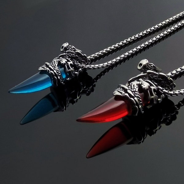 Blue Red Wolf Tooth Pendant/Engraved Dragon Spirit Necklace/Energy Healing/Mens Womens Gothic Crystal Amulet Jewelry/Free Chain and Gift Box