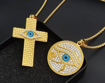 Eye of Horus Pendant:Egypt Protection Necklace,18K Gold Finish,Solid,Bling CZ,Cross Crucifix Medal Myth Jewelry,Free Chain,Gift Box