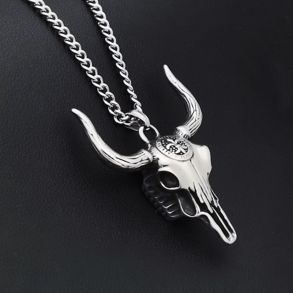 Pendentif corne crâne de taureau/acier inoxydable 316L/collier vache buffle/amulette lris/bijoux zodiaque gothique pour homme/cadeaux TAUREAU/chaîne gratuite/boîte cadeau