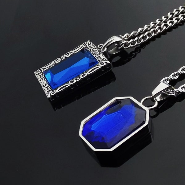 Two Sapphire Pendants/Emerald Step-Cut Blue Gemstone Necklace/September Birthstone/Vintage Rectangle Statement Jewelry/Free Chain/Gift Box