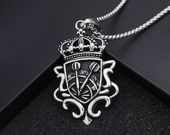 Solid Crown Arrow Shield Charm/Mediaeval Crusader Knights Pendant/Fleur De Lis Necklace/Engraved Fancy Amulet Jewelry/Free Chain/Gift Box