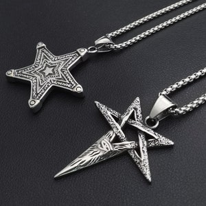 Colgante de pentagrama grabado/Collar de pentáculo con púas/Ojo de Horus/Acero inoxidable 316L/Joyería de estrella de amuleto para hombre y mujer/Cadena gratis/Caja de regalo
