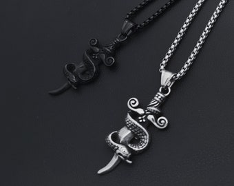 Black Silver Snake Sword Pendant/Weapons Necklace/Cosplay/Mythical Fantasy Charms/Mens Womens Amulet Gothic Punk Jewelry/Free Chain/Gift Box
