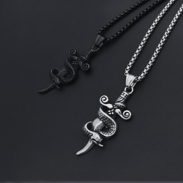 Black Silver Snake Sword Pendant/Weapons Necklace/Cosplay/Mythical Fantasy Charms/Mens Womens Amulet Gothic Punk Jewelry/Free Chain/Gift Box