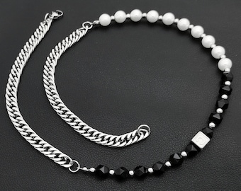 Black Agate Pearl Necklace: Stainless Steel Curb Chain, Custom Letter,Custom Pearl