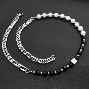 Colar de contas de ágata preta e pérola da natureza/corrente de meio-fio de aço inoxidável 316L/letra personalizada/joia de gema legal masculina e feminina/caixa de presente grátis
