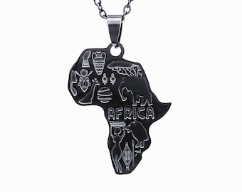 Black Africa Map Pendant Necklace: Stainless Steel Tribal Jewelry