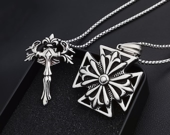Large Stainless Steel Cross Pendant Necklace: Fleur de Lys, Thorny Crucifix, Free Chain