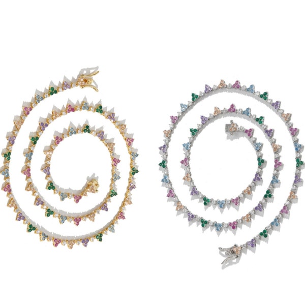 2-2.5mm Multi Color Diamond Choker/Rainbow Square Tennis Collar Necklace/14k White Gold Finish/Eternity Riviera Stacking Jewelry/Gift Box