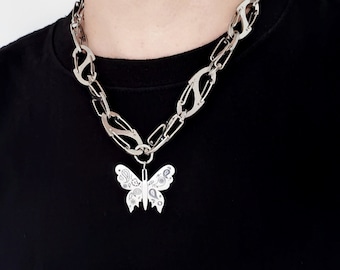 Mens Womens Butterfly & R Initial Pendant Necklace:Stainless Steel Link Chain