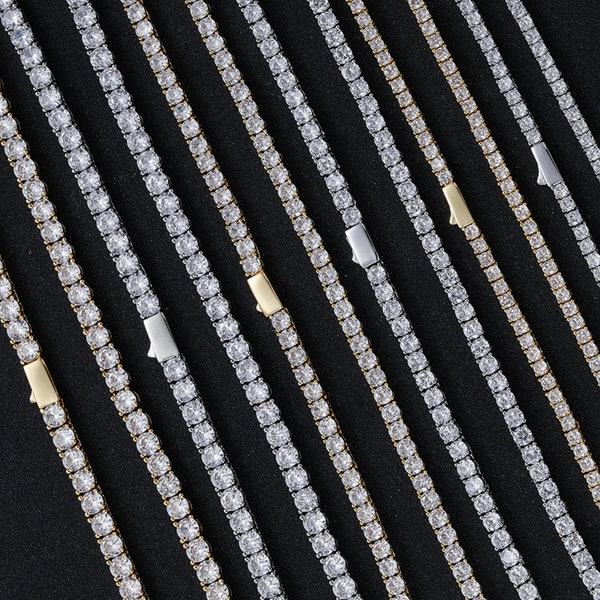 3mm 4mm 5mm Round Diamond Tennis Necklace Bracelet/6”7”8“16”18“20”22“24“/14k Gold/White Gold/Mens Womens Bling Iced Collar CZ Chain/Gift Box