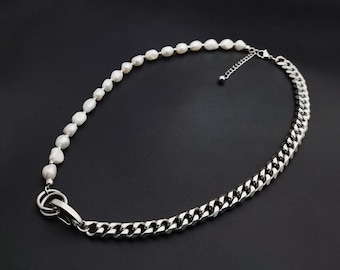 Half Pearl Half Curb Link Chain Beaded Necklace/Diamond Cut/Real Nature Freshwater Pearl Choker/316L Stainless Steel/Handmade Unisex Jewelry