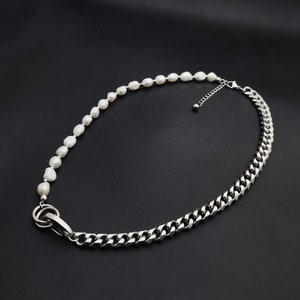 Halve parel halve schakelketting kralenketting/diamant geslepen/echte natuur zoetwaterparel choker/roestvrij staal 316l/handgemaakt unisex sieraden