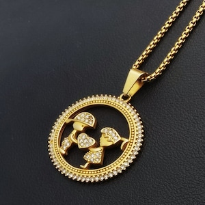 Round Love Charm/18K Gold Finish Boy Girl Pendant/CZ Micro Pave Child Jewelry/Mens Womens Couple Necklace/Iced Out/Free Chain/Gift Box