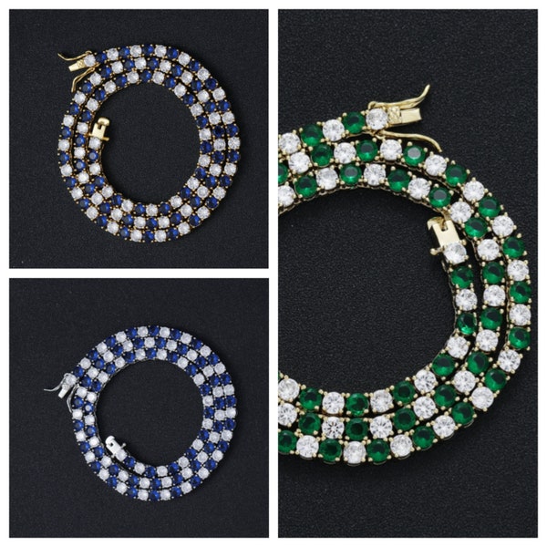 4 Colors/4mm Blue Emerald Tennis Coller Choker/Multi Color Diamond Necklace/White Gold Riviera Stacking Layering Bling Jewelry/Free Gift Box