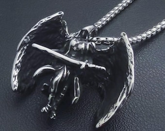 3D Solid Engaved Sword Archangel Michael Wings Pendant: Judgment Necklace,Stainless Steel,Protection